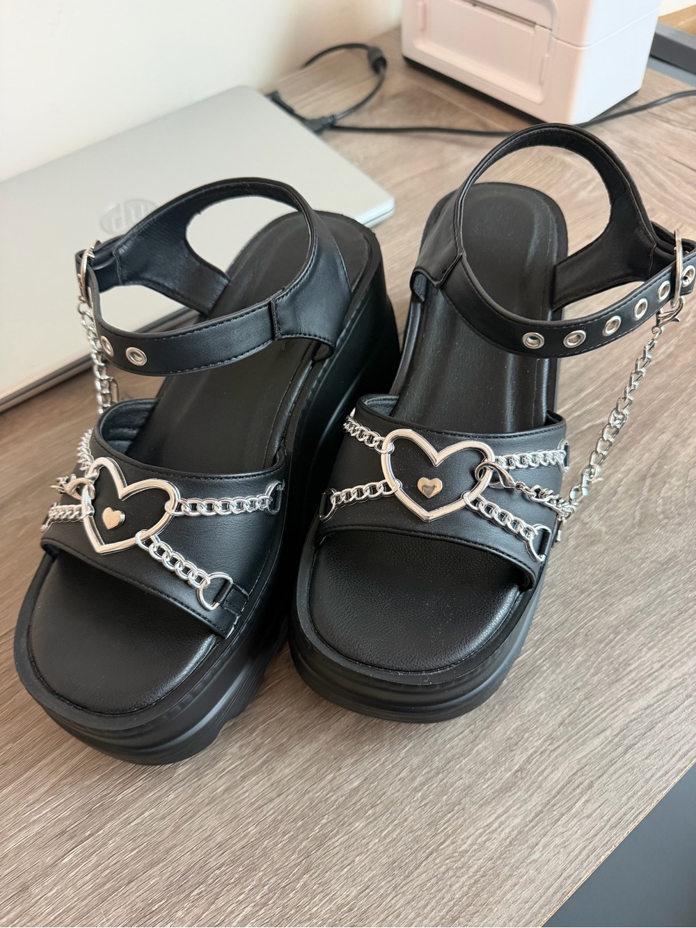 SHEIN Black Platform Sandals with Silver Heart Chains